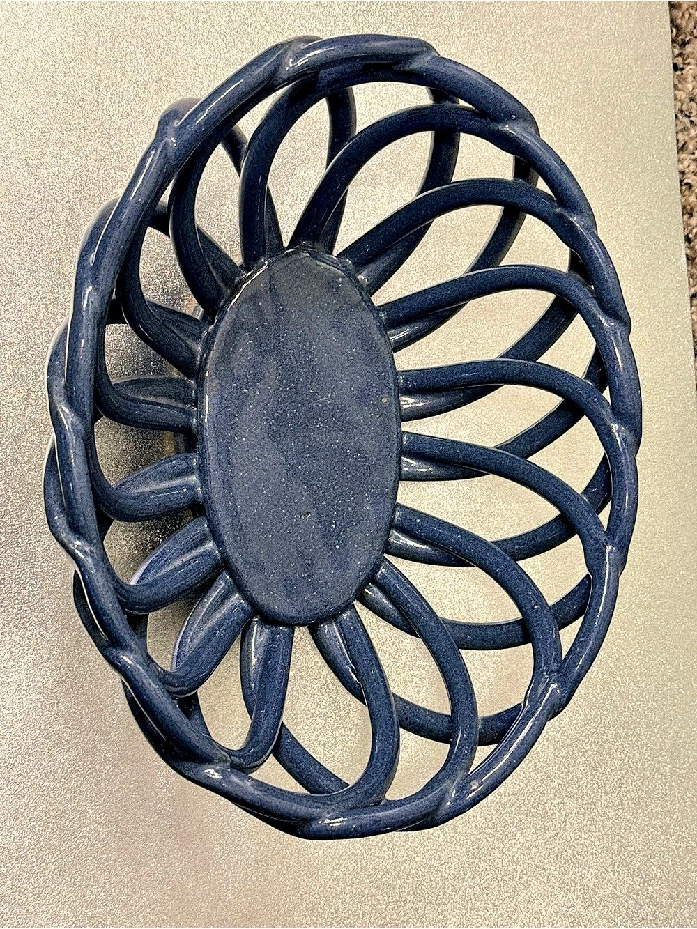 Eucalyptus Stoneware Blue Open Weave Bread Warming Fruit Basket 9" Handmade